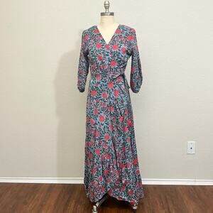 TALULA Maxi Dress Blue Red Floral Tie Wrap Cotton Ruffled Puff Sleeve